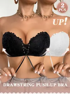 2PCS Women's Wireless Lace Push-Up Bra, Add Two Cups Bralette, Adjustable Strapless Design Bandeau Bras Brassiere for Women, Comfortable Breathable lingerie, Everyday Wear, Dates,backless, off-shoulder dresses