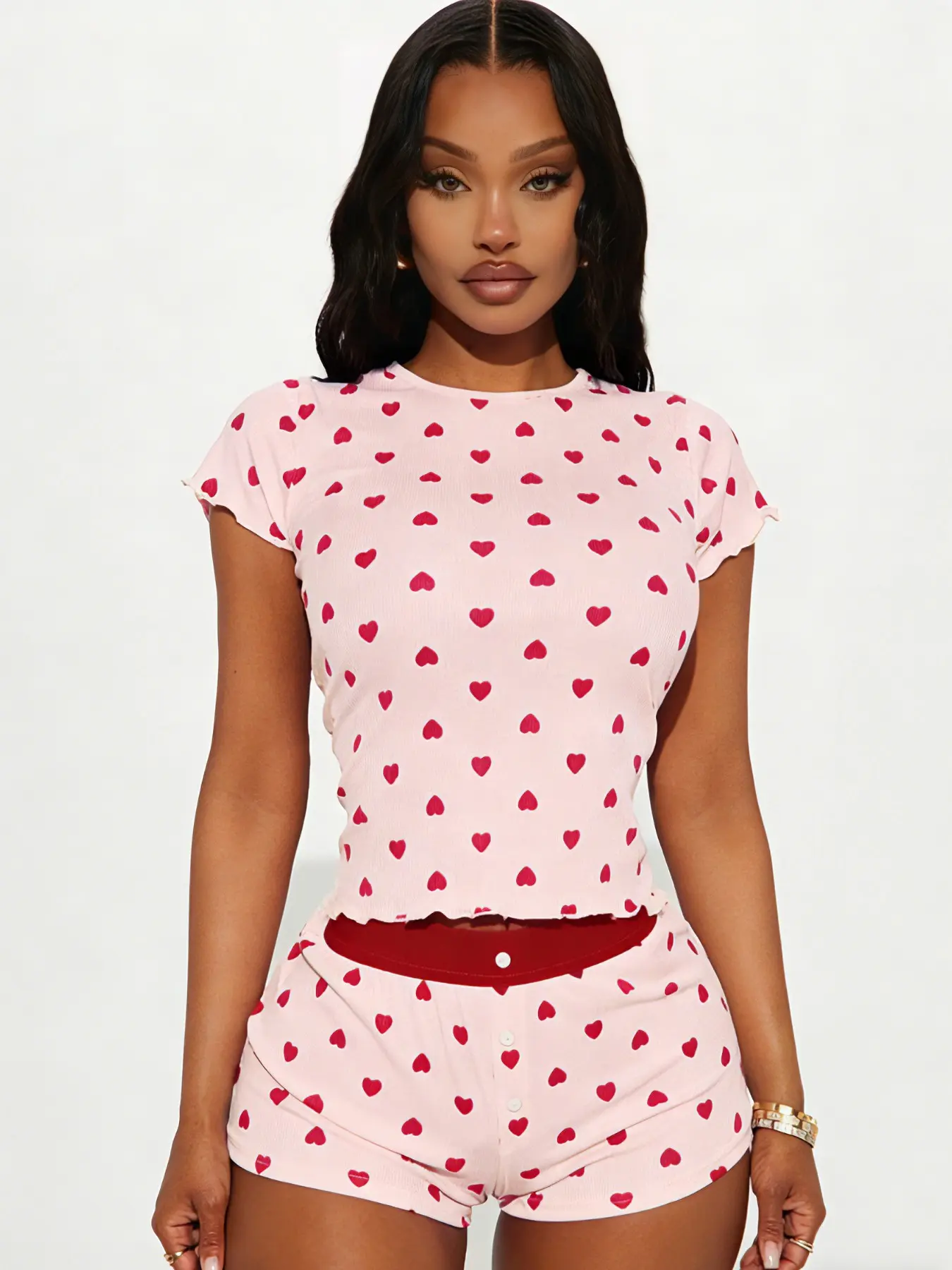 Heart Print Color Block Slim Fit Short Sleeve Shorts Set Outfit, Casual Everyday Homewear for Women, Stylish Sporty Fitted Summer Loungewear Clothes, Fashion Clothing Set