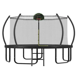 [Bellemave]12/14/16FT Trampoline with Basketball Hoop for Kids and Adults, Round Outdoor Trampoline with Enclosure Net & Curved Poles & Ladder