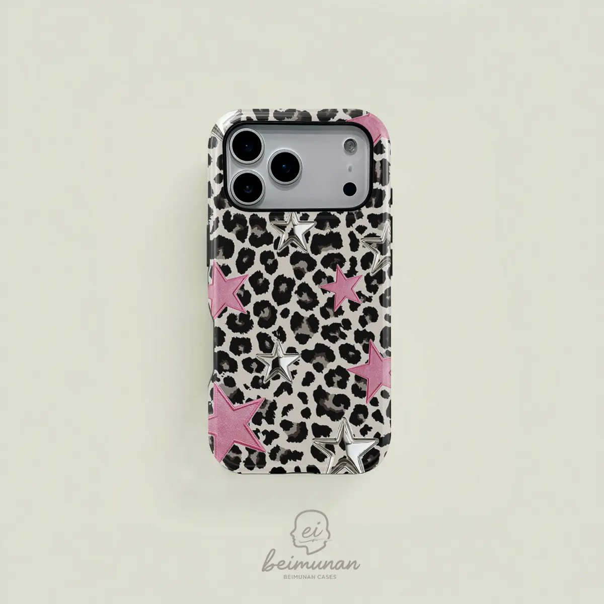 Leopard print Y2K trendy pink and silver star pattern, durable 2-in-1 protective case, MagSafe compatible, suitable for iPhone 17/16/15/14/13/12/11 Pro Max/Plus/Pro, simple and stylish phone case, perfect birthday gift.