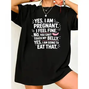 Women Plus Size Funny Pregnancy Announcement T-Shirt Oversized Maternity Tee Yes I Am Pregnant Saying Soft Breathable Fabric Casual All-Season Comfort Round Neck Short Sleeve Black Shirt with White Text Perfect for Pregnancy Reveal Outfits Home & Outings