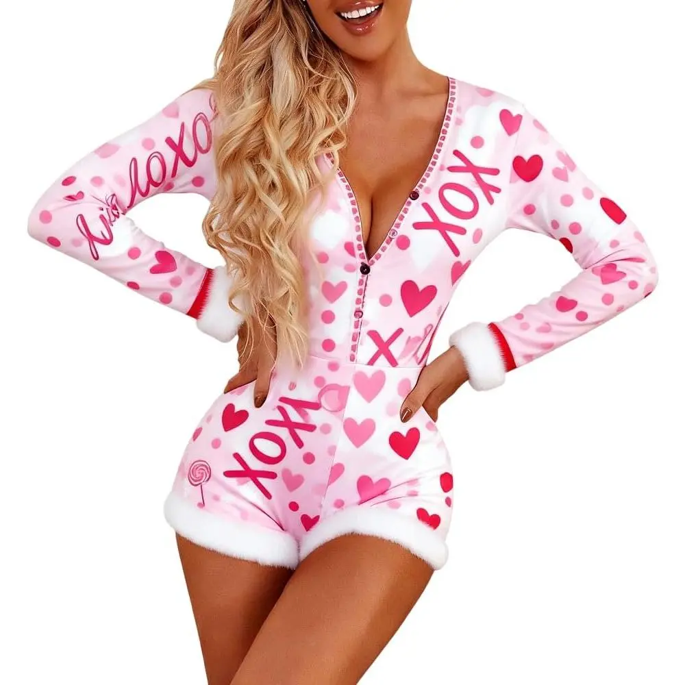 Women valentines day Romper Pajama Set Long Sleeve Shorts Jumpsuit Y2k Cute Heart Print Lounge Sleep Pj Outfit