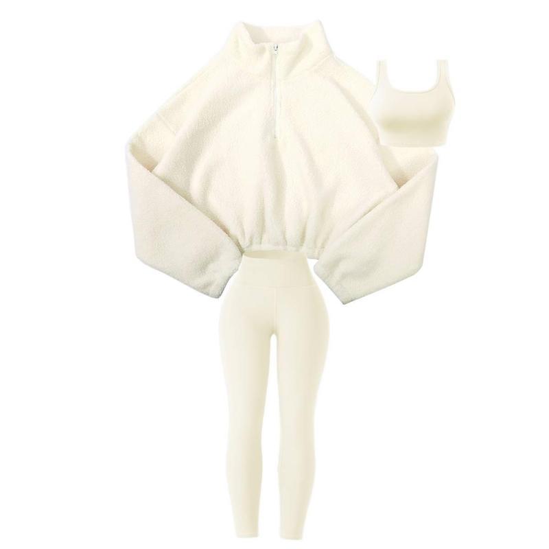 Amoyer 3-Piece Tracksuit Set for Women, fleece-lined zip jacket + top + high-waist pants, cozy winter activewear for gym, running, travel