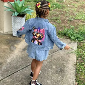 Girls' Cartoon Print Denim Jacket & Short Skirt Set, Casual Fitted Design, Perfect for Spring & Fall, Ages 1-8, Ideal Gift