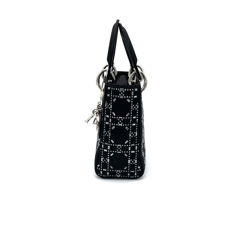 Pre-owned DIOR Satin Handbag Lady Bag Crystal Embellished Cannage Quilt Mini Black #1954