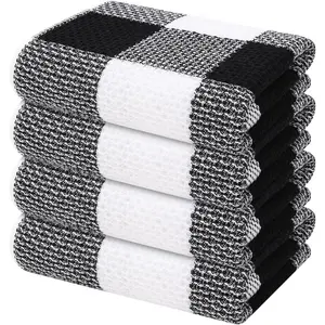 100% Cotton Waffle Weave Kitchen Towels, 13 x 28 Inches, Super Soft and Absorbent Buffalo Check Dish Towels for Drying Dishes, 4-Pack, Black & White
