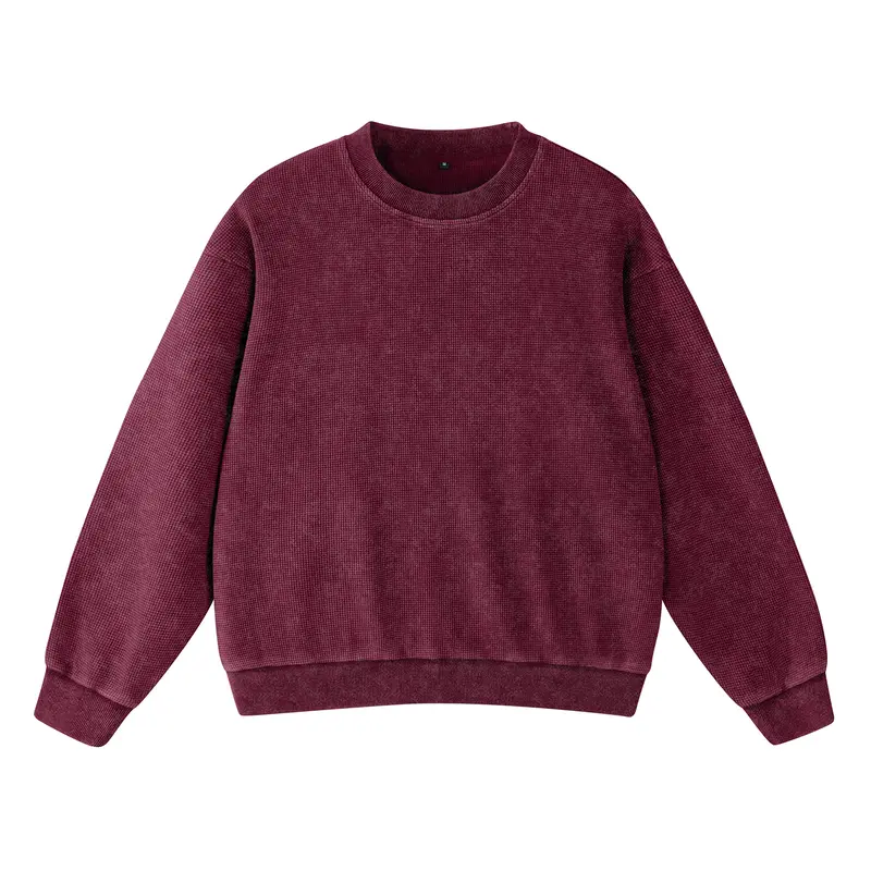 FAIABLE Oversized Acid washed Unisex Sweatshirt Loose Fit Cotton Pullover Vintage Crew Neck Sweatshirts Waffle Fabric