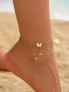 1 Women's Gold Stainless Steel Bead Triple Layer White Butterfly Tassel Ankle Chain, Fashionable Accessory (manually Cut, Random Number of Beads)