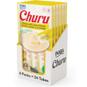 INABA Churu Cat Treats, Grain-Free, Lickable, Squeezable Creamy Purée Cat Treat/Topper with Vitamin E & Taurine, 0.5 Ounces Each Tube, 24 Tubes (4 per Pack), Chicken with Cheese Recipe