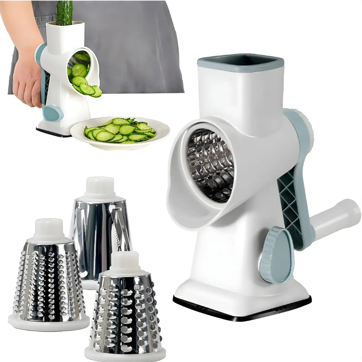 Rotary Cheese Grater with Handle, Manual Rotary Cheese Grater and Vegetable Slicer with Interchangeable Stainless Steel Drum Blades for Shredding and Slicing Cheese.