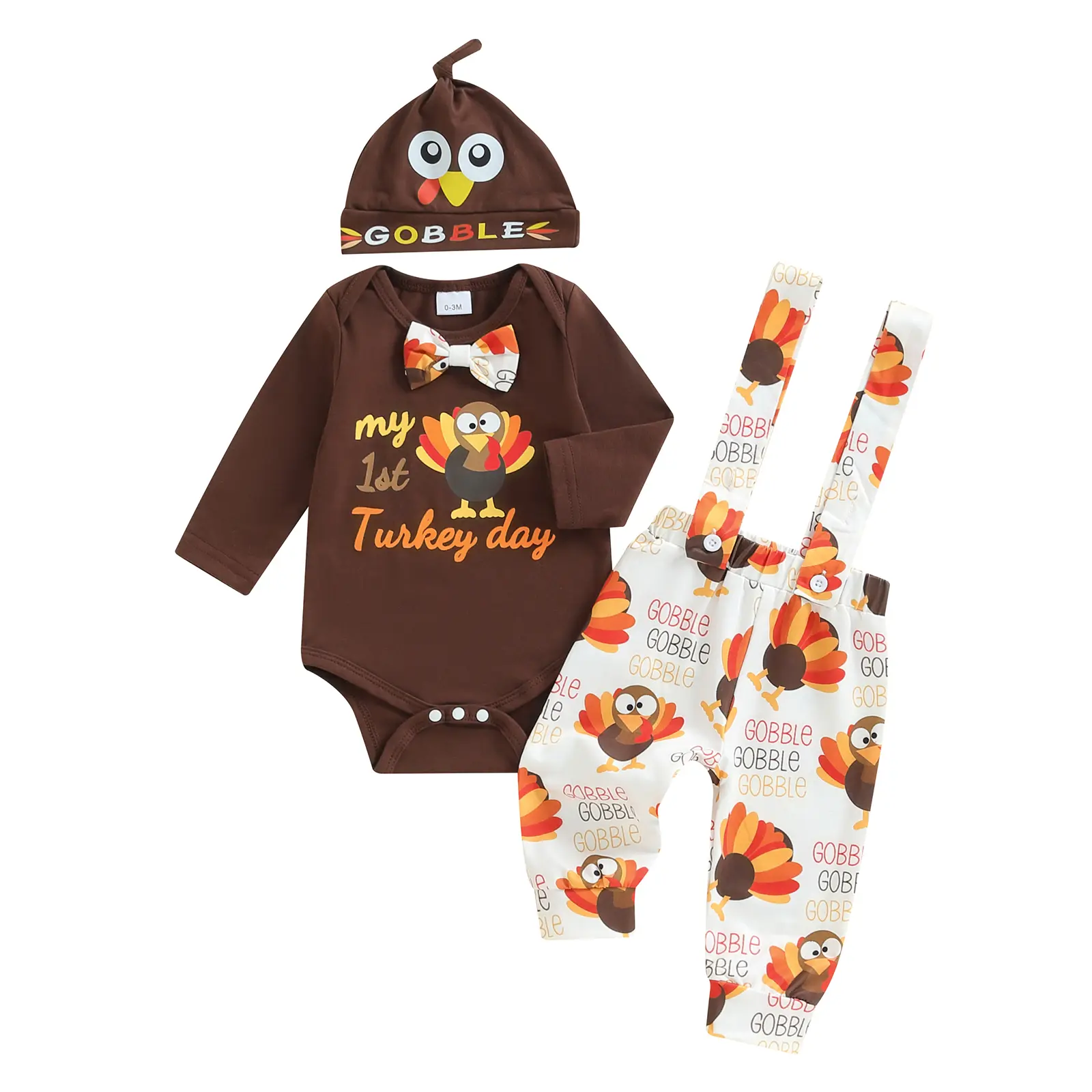 FOCUSNORM First Thanksgiving Baby Boy Outfit Turkey Long Sleeve Romper and Overall Pants Beanie Hat Newborn Thanksgiving Outfits