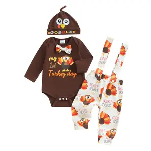 First Thanksgiving Baby Boy Outfit Turkey Long Sleeve Romper and Overall Pants Beanie Hat Newborn Thanksgiving Outfits