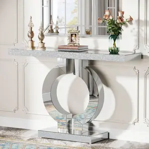 43 Inch Mirrored Console Table, Modern Silver Narrow Foyer Table with O-Shaped Base, Rectangle Glass Mirror Finish Sofa Table, Stylish Entryway Accent Table for Living Room, Hallway and Home Decor