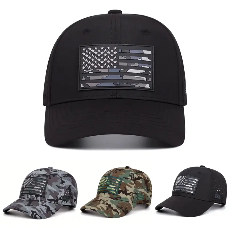 Unisex Embroidered USA Flag Lightweight Baseball Cap - Adjustable Satin Sporty Chic Fashion Hat, Breathable Athletic Casual Trendy Embroidery Headwear, Sports & Outdoor Accessory (Black, Camo), Fashion Hats