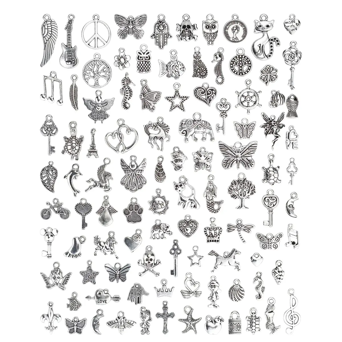 Wholesale Bulk Mixed Smooth Tibetan Silver Charms Kit - 100 Pieces, 0.28-0.98in Classical Beading Accessories for Metal Wire Projects, DIY Jewelry Making, Charm Bracelets, Anklets