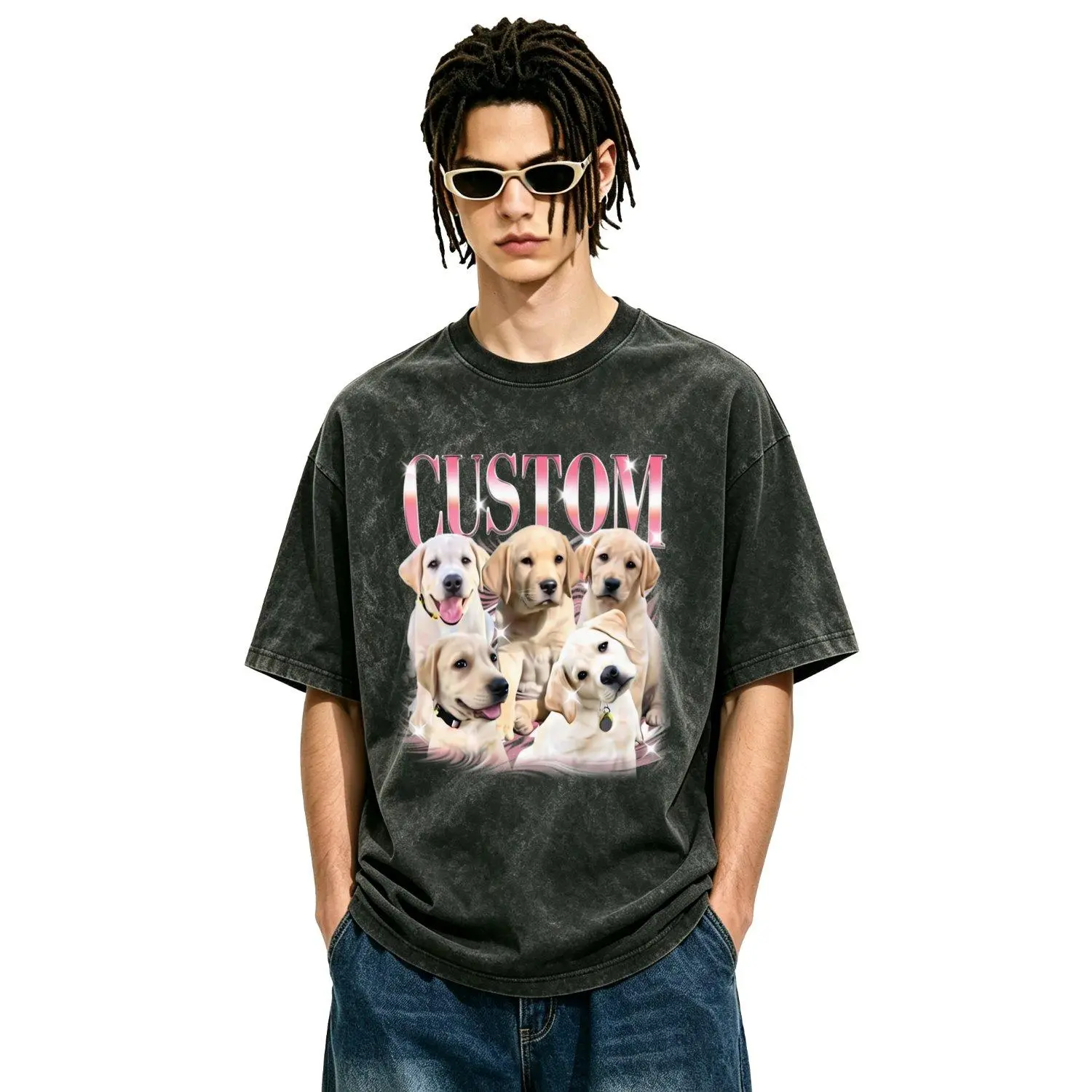 Men's Washed T-shirts Custom Pet Portrait Design Dog Tee Personalized Puppy Photo Graphic Shirt Casual Vintage Style Soft Fabric Apparel