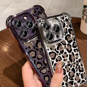 Fashion Leopard-Print Pattern Phone Case,Electroplated Cover with Airbag Shockproof Slim Soft TPU Cover for iPhone X 11 12 13 14 15 16 17 Pro Max Plus Air