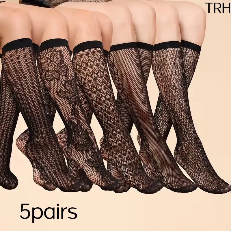 5 Pairs Women Black Lace Knee High Fishnet Socks, Multi Floral Hollow Mesh Sheer Transparent Calf Socks, Thin Stretchy See-Through Mid-Calf Hosiery for Daily Goth Y2K Outfits