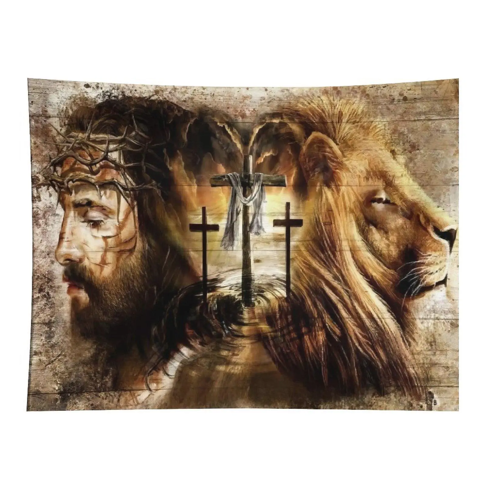 Religious Faith Wall Tapestry Jesus and Lion of Judah with Wooden Cross Vintage Textured Background Spiritual Wall Hanging Decor