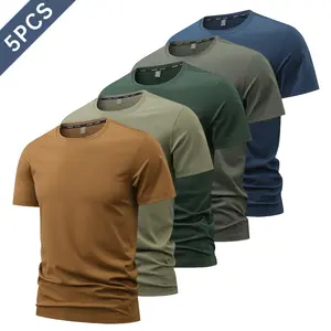 Men’s plus-size casual short-sleeve T-shirt set (5 pieces), men’s undershirt — breathable, soft and comfortable, solid color minimalist design, crew neck, suitable for everyday wear, Foldable, Plain Finish,summervibes
