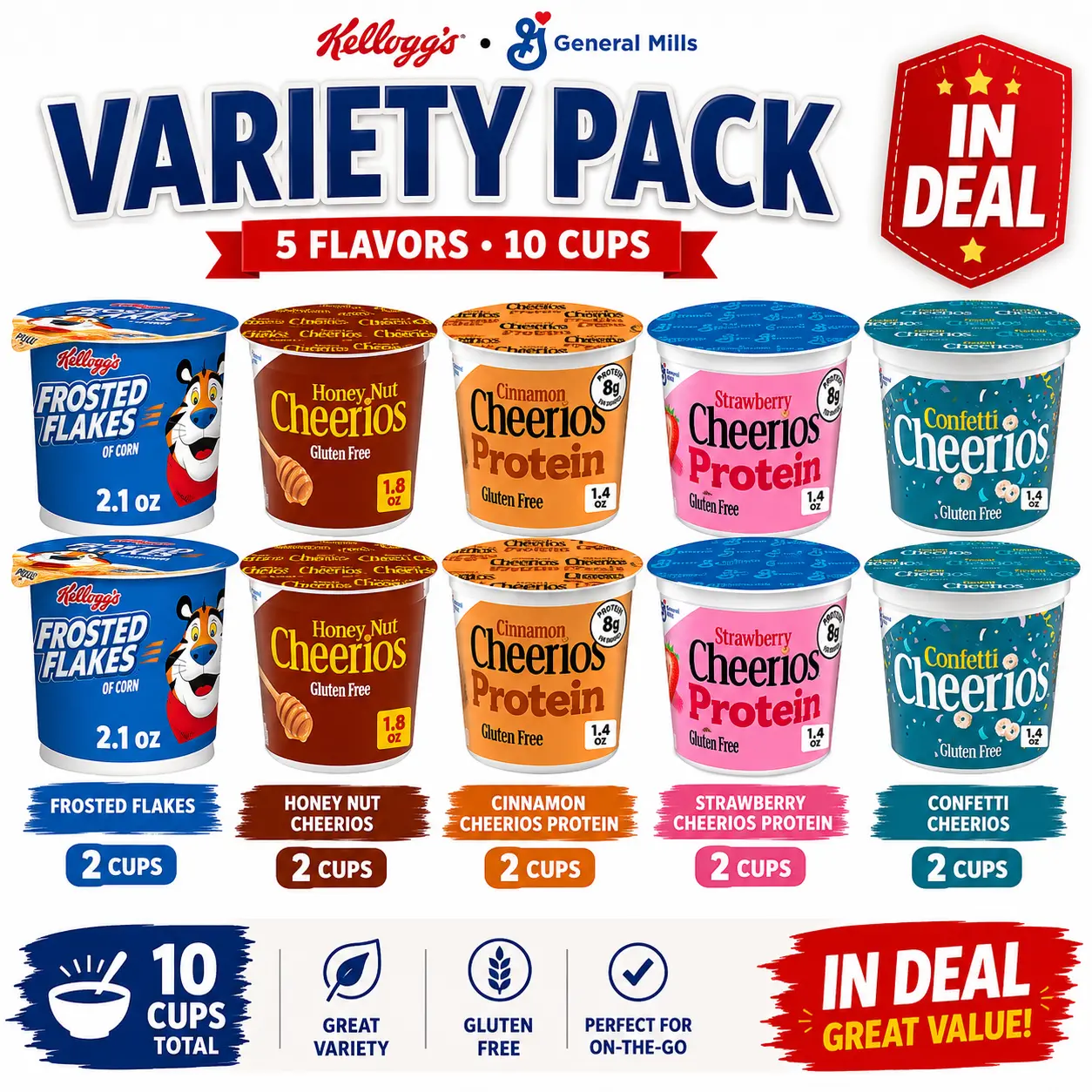 Breakfast Cereal Variety Pack 10 Cups Frosted Flakes Honey Nut Cheerios Cinnamon Protein Strawberry Protein Confetti Single Serve Gluten Free