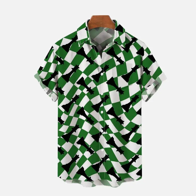 Abstract Twisted Green And White Grid And Chess Pieces Printing Short Sleeve Shirt