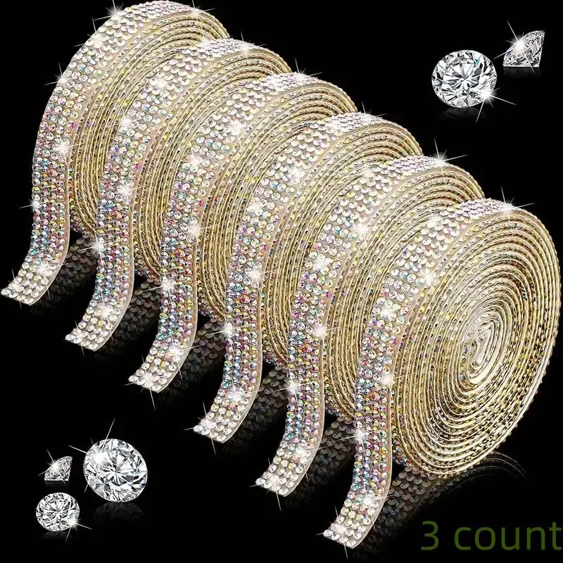 Rhinestone Decor Sticker Tape, 3 Counts/set Self Adhesive Multi-purpose Shining Rhinestone Sparkle Strip, DIY Jewelry Accessories, Car & Cloth Decoration