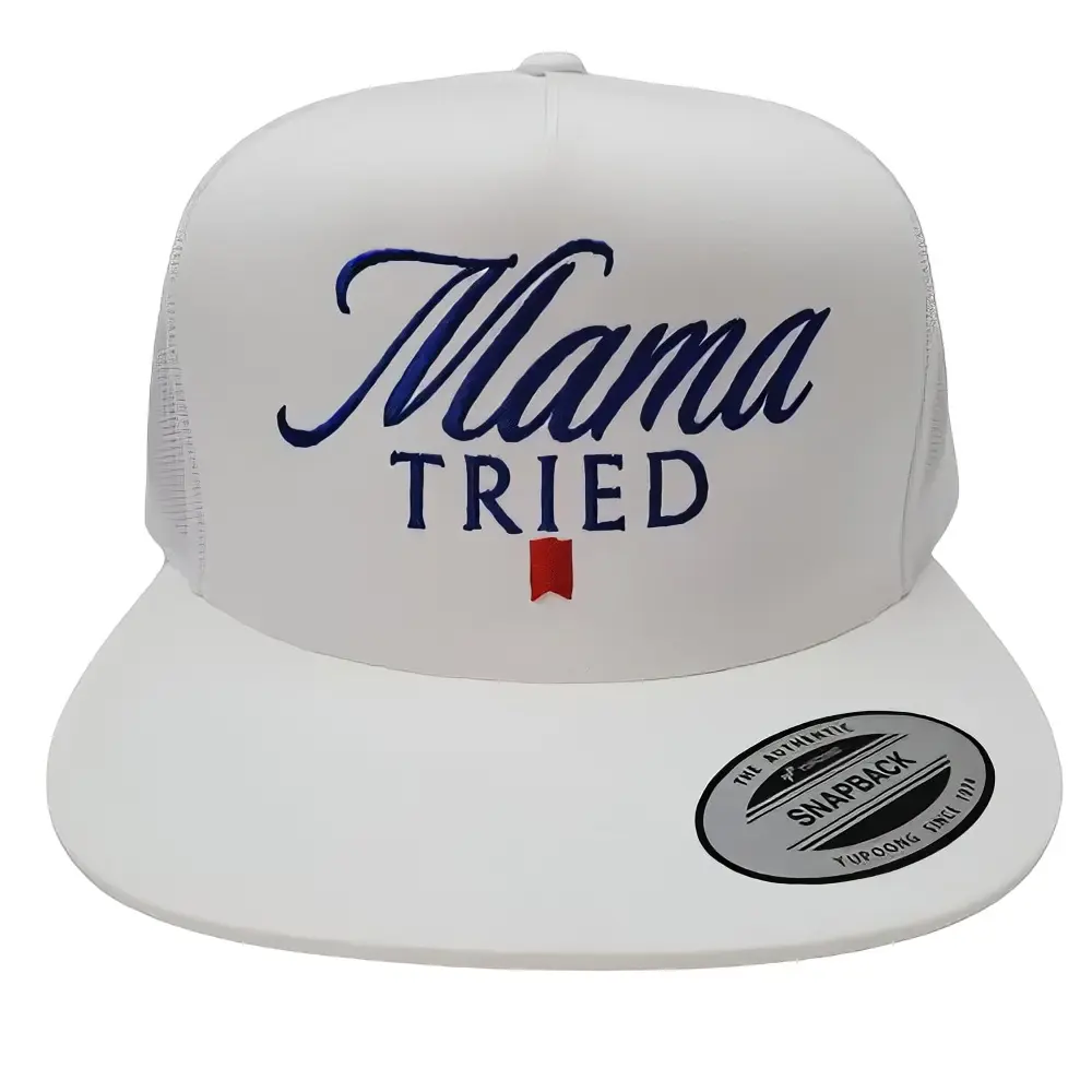Mama Tried Unisex Snapback Hat - White, Blue Script Print, Red Bookmark Detail - Adjustable Fit, Casual Everyday Clothes Accessory