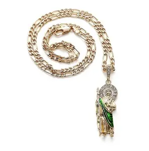 Gold Plated Green Saint Jude Pendant Necklace Figaro 24inch San Judas Tadeo Medalla Cadena Oro Laminado Classic Design 3D Representation