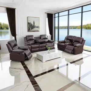 Summervibes 3-Piece Brown Semi PU & PVC Upholstered Reclining Sectional Sofa Set for Living Room, 5-Seat Compact Furniture, Pre-Assembled, Easy Clean Maintenance, Warm Ambiance, Comfortable Seating, Sofa Sets