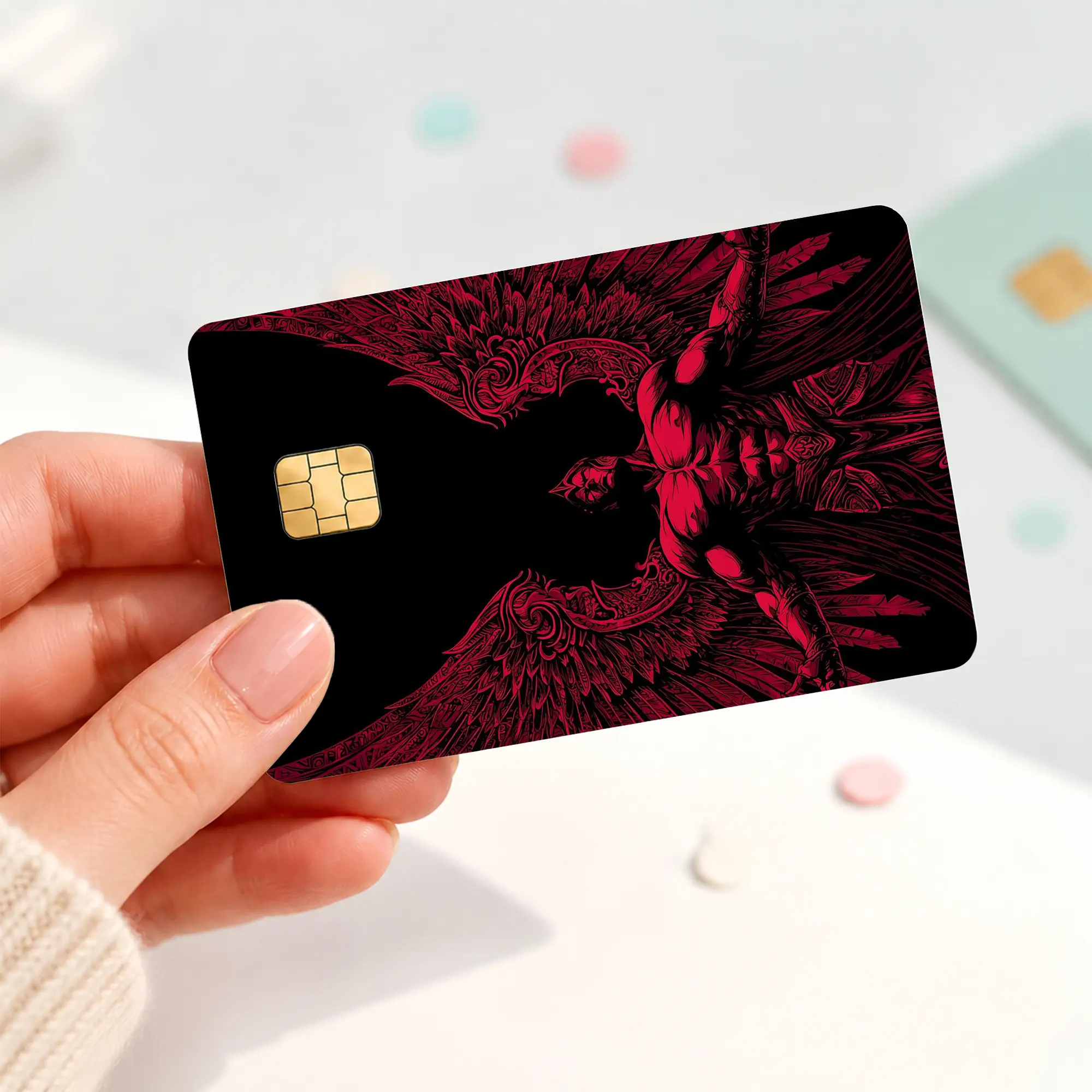 Red Black Fallen Angel Credit Card Skin, Gothic Winged Warrior Debit Card Sticker, Dark Fantasy Bank Card Cover, Edgy Aesthetic Chip Card Decal