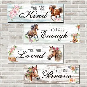 Set of 4 Wooden Cowboy-Themed Rustic Farmhouse Design Wall Decor, Funky western decor - Floral Horse Paintings with Quotes on Love, Bravery, Kindness & Positivity - 11.8 Inches, Wall Art for Home Decor