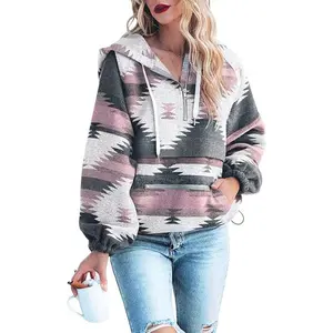 Women's Tribal Aztec Print Half Zip Fuzzy Fleece Hooded Sweatshirt Casual Tops