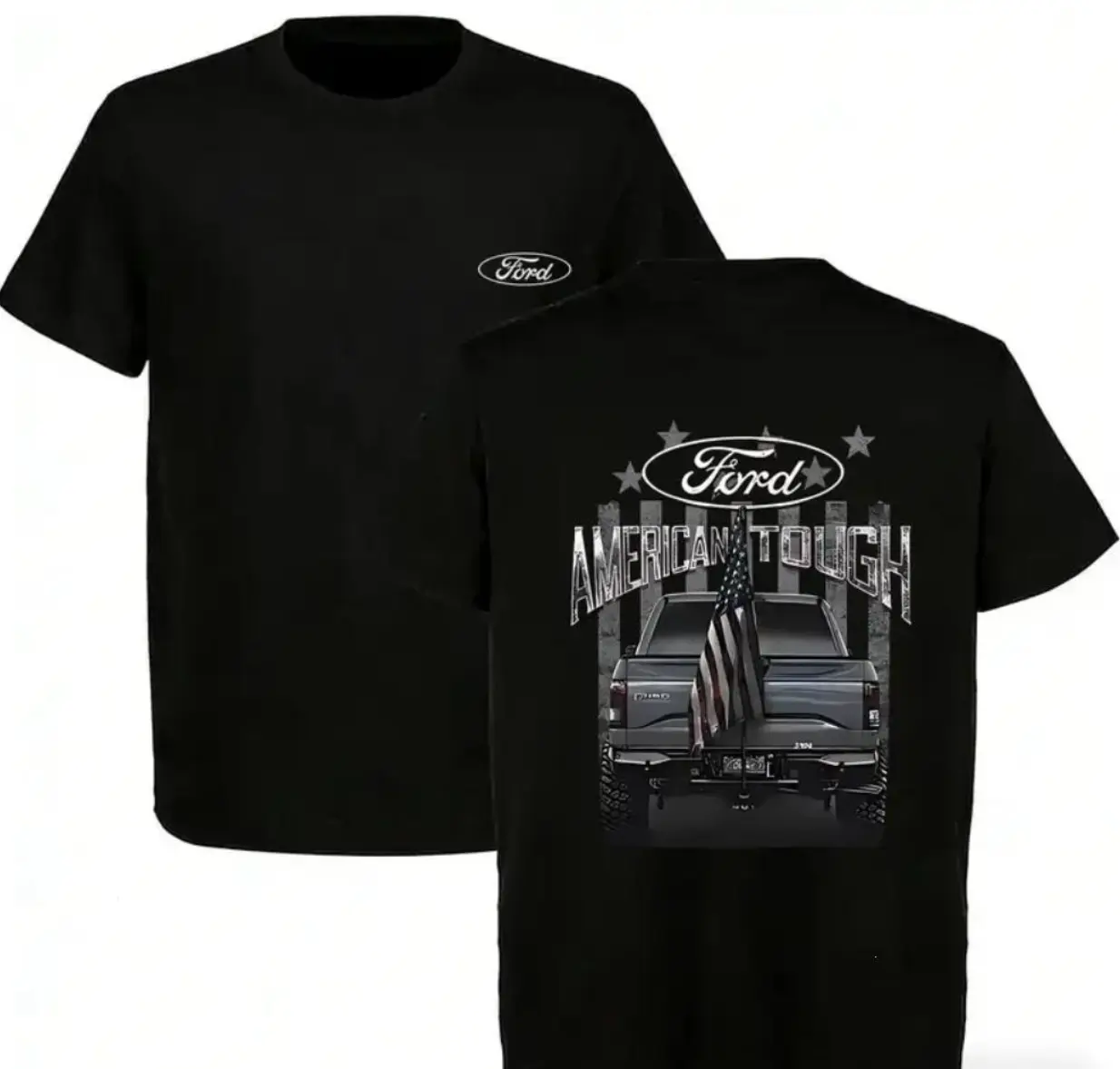 Ford American Tough T-Shirt – Bold “American Tough” Text with F-150 Truck and US Flag Graphic , Classic Black Tee for Truck Enthusiasts , Patriotic Gift Idea , Menswear Top Streetwear Casual
