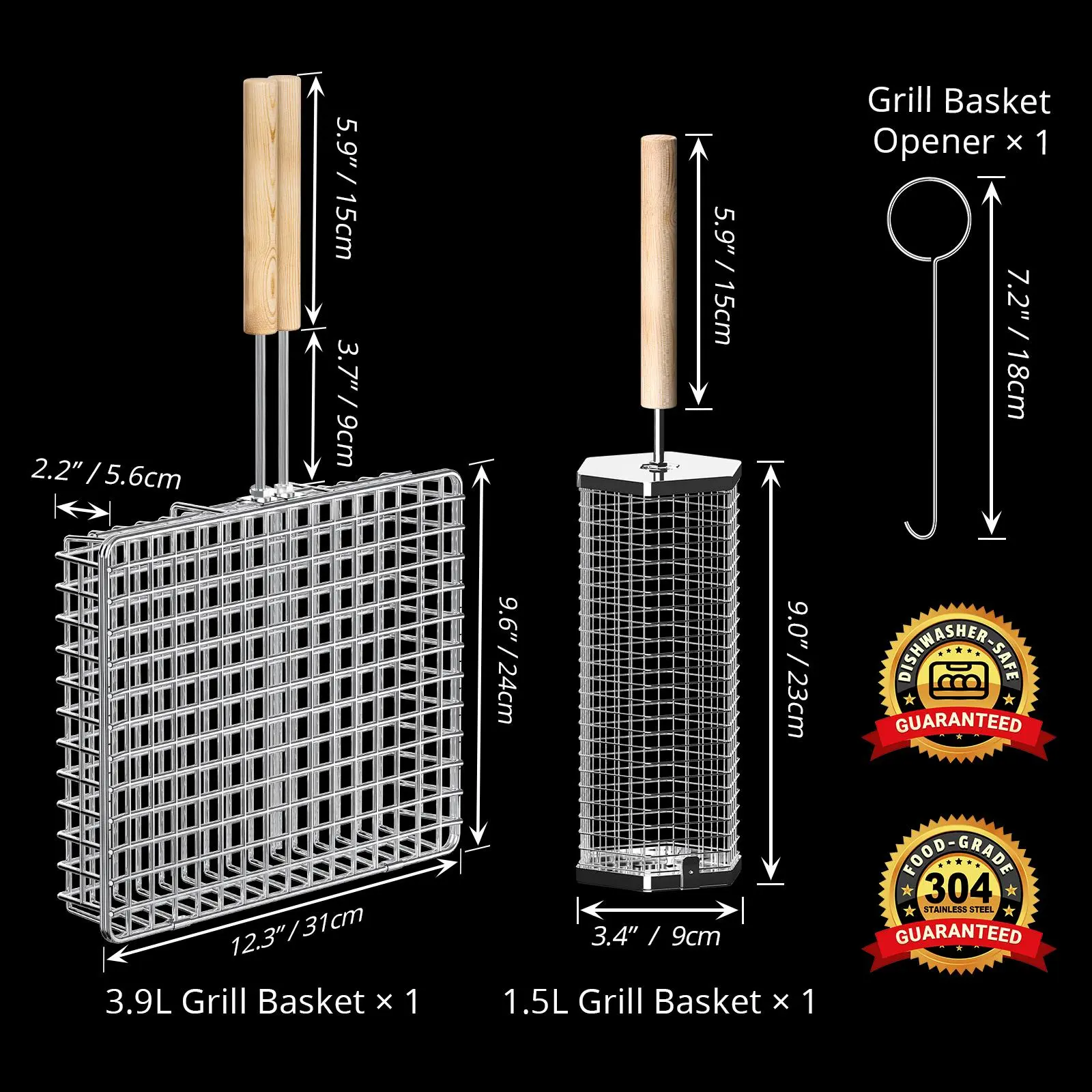ivtivfu 2PCS Grill Basket Set - 304 Stainless Steel Thick Plates, Removable Beech Wood Heat Insulation Handle, Rectangular & Hexagon Wire Mesh, Versatile Durable BBQ Tool for Vegetable Shrimp Outdoor Camping, Gifts for Men, with Utensils Cover, Friends, D