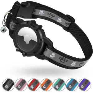 Reflective AirTag Cat Collar, Integrated Cat Tracker Collar with Air Tag Holder and Bell, Safety Elastic Band Cat GPS Collars for Girl Boy Cats, Kittens and Puppies (Black, S)
