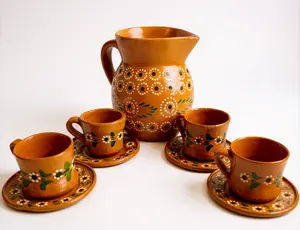 Mexican Clay Pottery Set - Hand-Painted Talavera Style Pitcher with 4 Cups & Plates | Traditional Floral Design | Handmade in Mexico | Rustic Kitchen Decor