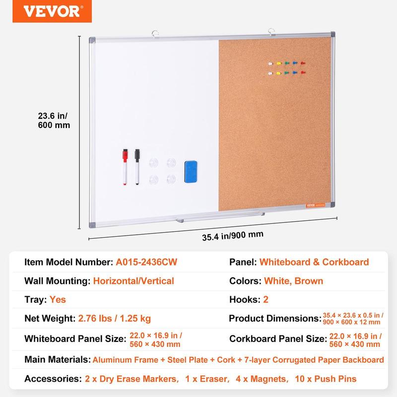 VEVOR 36"x 24" Whiteboard & Cork Board Combo with Aluminum Frame – 2-in-1 Magnetic Dry Erase Bulletin Board for Wall Mount – Ideal for School,  , Home, Office