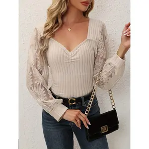 Elegant Plus Size Women'S Long Sleeve Top - Solid Color Polyester Knit Fabric with Contrast Lace Detail, Square Neckline, Raglan Sleeves, Slight Stretch Versatile All-Season Pullover