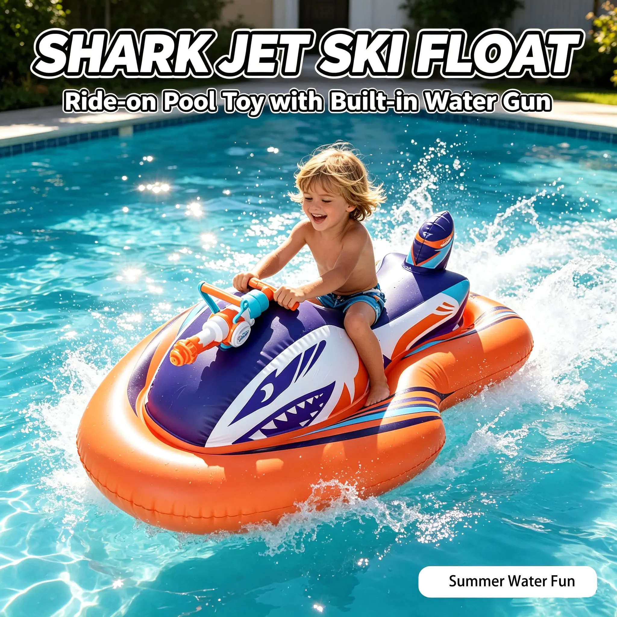 Kids' 2-in-1 Inflatable Shark Pool Float Toy - Built-in Water Gun, Anti-Roll Wide Body, Jet Ski Design, Foldable Thick PVC - for 3-12 Years Old Beach & Lake Water Sports Accessory