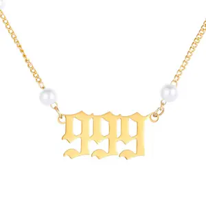European and American New Style Stainless Steel Number Pearl Necklace for Women, Niche Cross-Border Non-Fading Angel Number Pendant Clavicle Chain