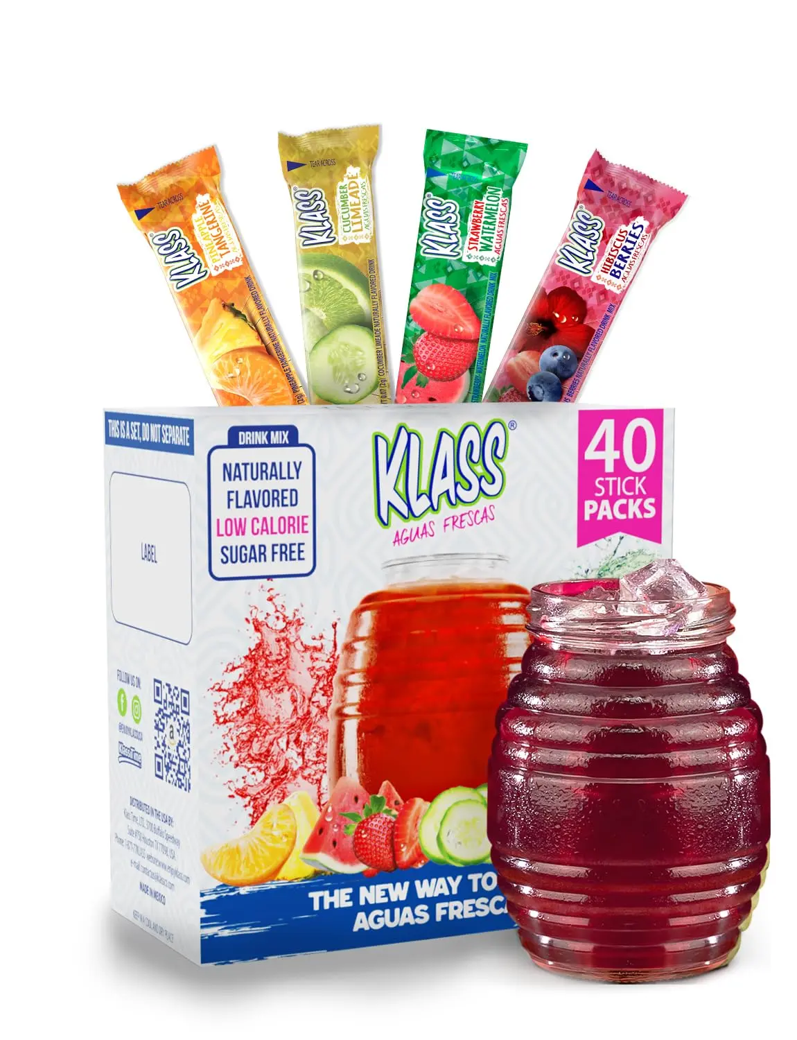 Klass Aguas Frescas Classic Variety | Zero Sugar Drink Mix | 40 Sticks | Natural flavors, only 5 calories per packet, caffeine free, cucumber limeade, strawberry watermelon and hibiscus mix