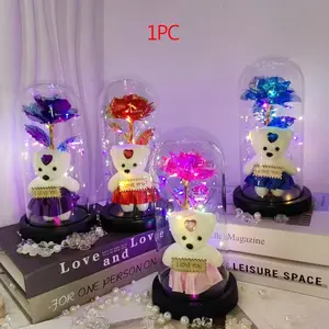 Artificial Rose Bear Gift with Glass Dome, 1 Count Battery Powered Romantic Glass Cover Rose Bear Flower Gift with Light, Decorative Flower for Home Party Wedding Anniversary, Rose Teddy Bear(without Battery), Gifts for Birthday, Gift Decoration