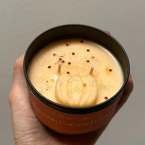 Pumpkin Caramel Crunch Candle, Coconut-Soy Wax, 6oz. Tin, wooden wick, decorated Autumn