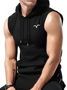 Men's Sleeveless Hoodie Graphic Muscle Fit Gym Training Vest Activewear Fitness, Casual Loose-Fitting Sports Jacket, No Button Design, Made in China, Sleeveless Gym Tops