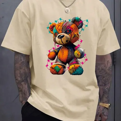 Men's Cartoon Bear Print Round Neck Tee, Apparel T Shirt, Regular Fit Casual Graphic Design Fashion Short Sleeve T-shirt for Summer, Men's Top for Daily Wear, Casual Streetwear Tops