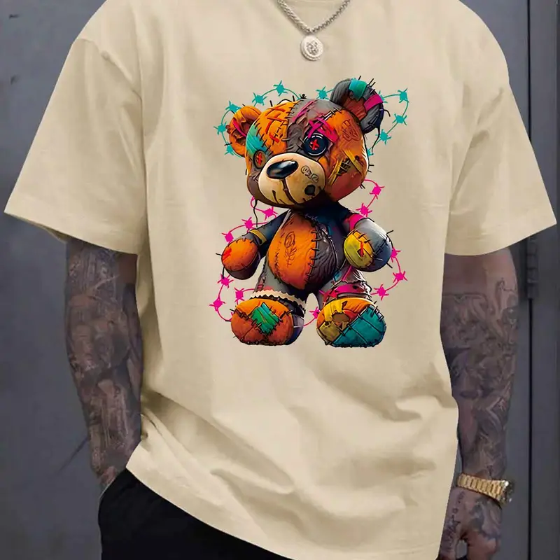 Men's Cartoon Bear Print Round Neck Tee, Apparel T Shirt, Regular Fit Casual Graphic Design Fashion Short Sleeve T-shirt for Summer, Men's Top for Daily Wear, Casual Streetwear Tops