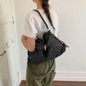 Women's Washed Denim Slouchy Shoulder Bag - Oversized Buckle Detail, Casual Everyday Crossbody Purse