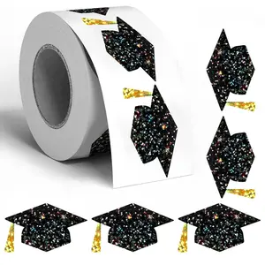 500pcs/1roll of Holographic Stickers Featuring Graduation Caps, Stylish Black And Golden Round Self-Adhesive Labels, Ideal for Gifts And Decorative Accents at Graduation Events And Celebrations,graduation decoration，graduation party favor