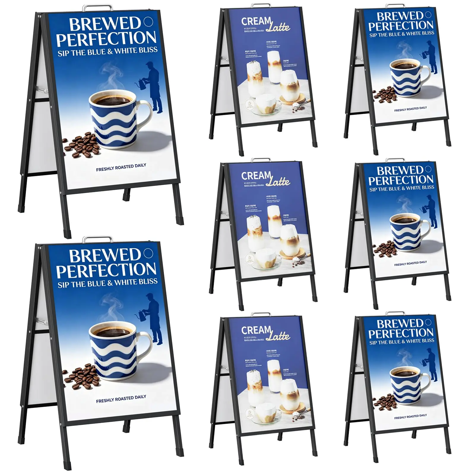 Maeklon 8 Pcs A Frame Sign 24x36 Inch, Portable Outdoor Sandwich Board Sign with Carry Handles, Black Coated Steel Metal Double-Sided Signboard for Outdoor Street Advertising Poster, Only Frame